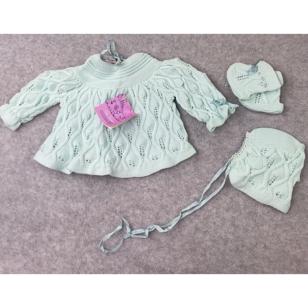 Vintage knit baby European Babi Elegance Top Mittens Bonnet Blue/Green Doll